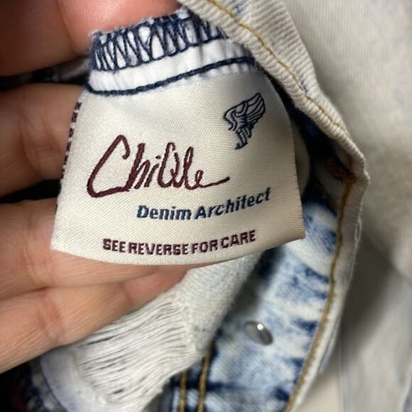 ChiQle Denim Small Distressed White Wash Multicolor Southwestern Jean Jacket - Picture 8 of 14